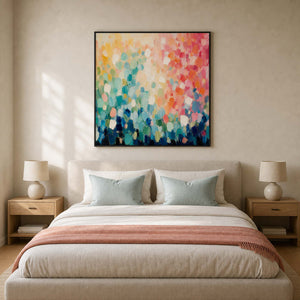 Soft multicolor abstract wall art styled above a collector bedroom.