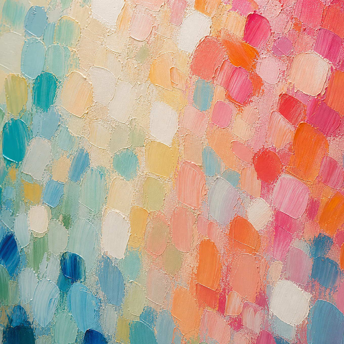 Close-up of raised turquoise, blush, coral, yellow, and blue paint.