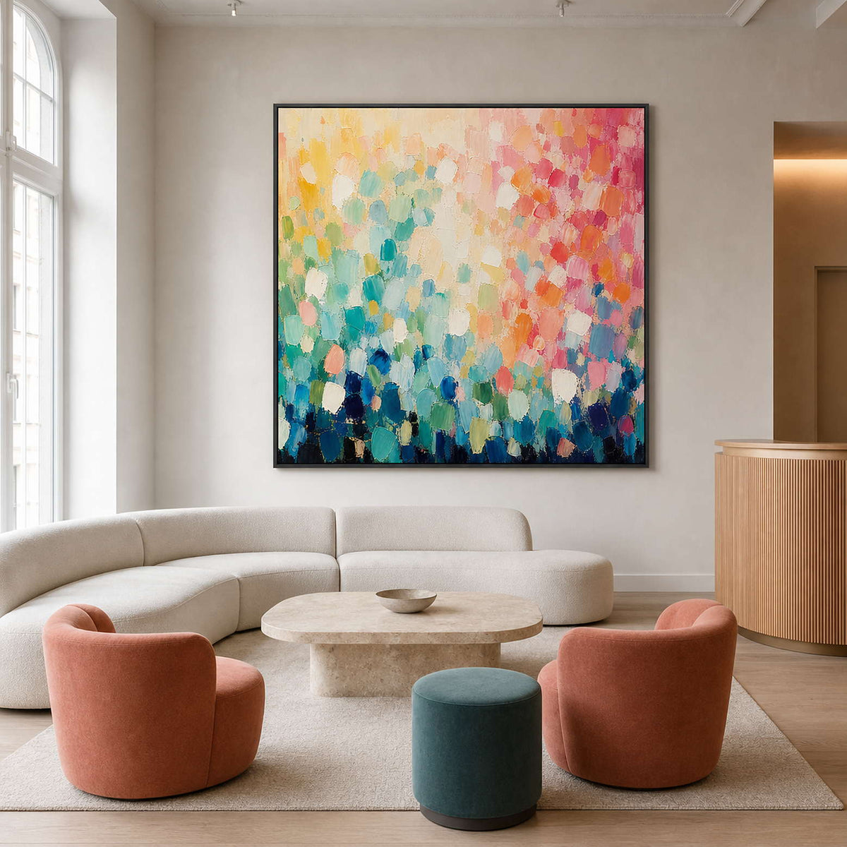 Square colorful painting displayed in a Copenhagen design hotel lobby.