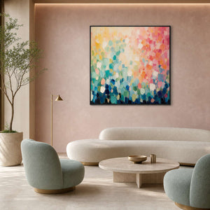 Colorful textured painting displayed in a design brand VIP lounge.