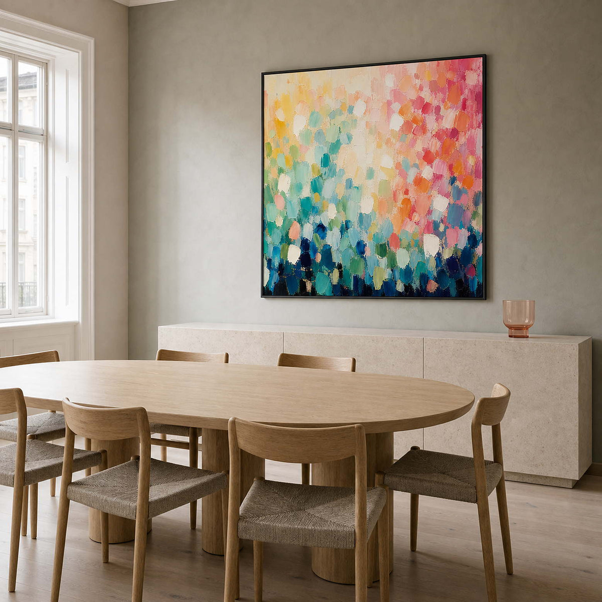 Textured colorful wall art displayed in a Stockholm dining room.