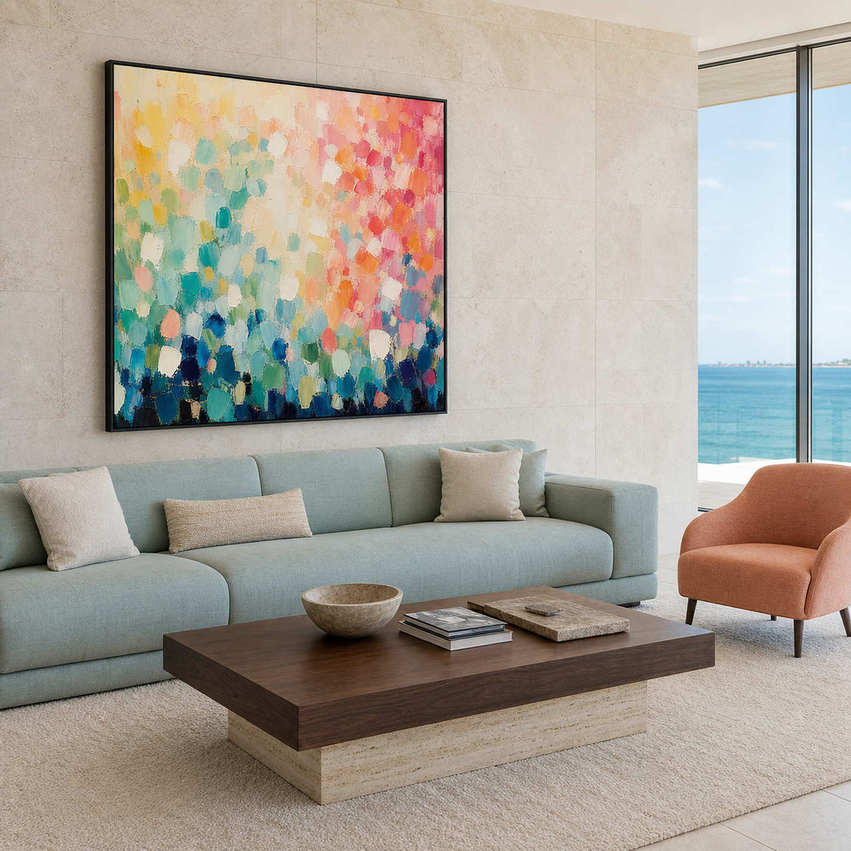 Colorful textured wall art displayed in a bright Miami living room.