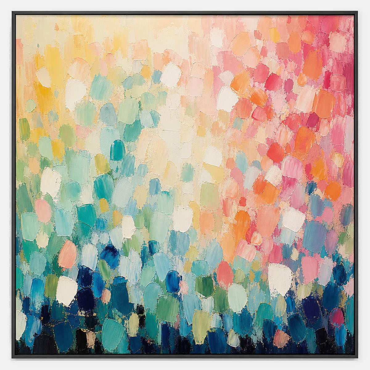 Hand-painted abstract canvas in turquoise, blush, coral, yellow, and blue.