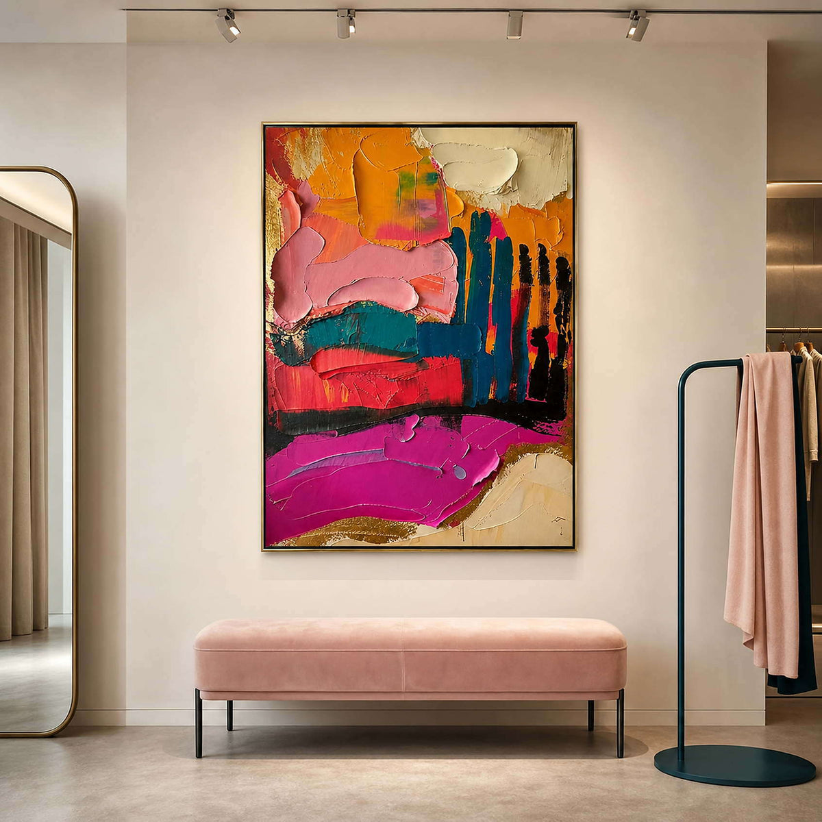 Textured Abstract Wall Art displayed in a refined dressing lounge.