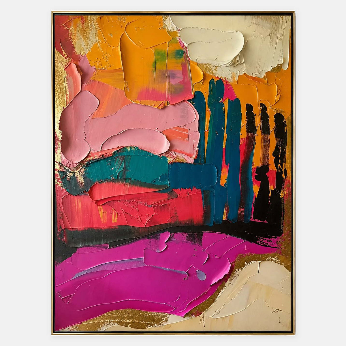 Textured abstract canvas with blush, magenta, teal, and orange layers.