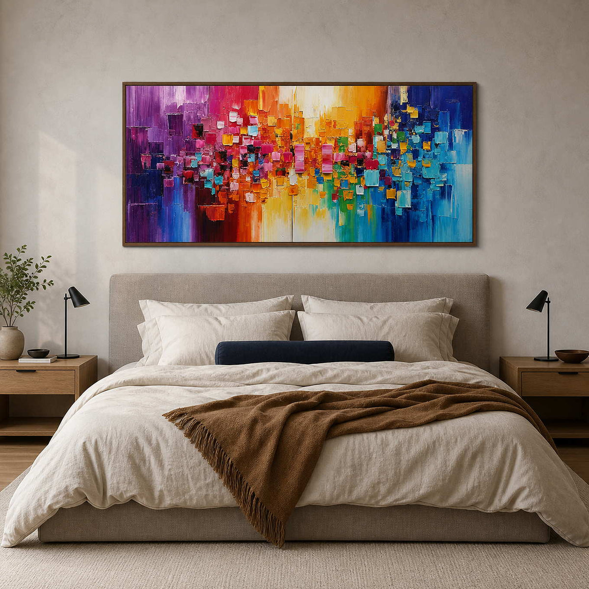 Modern Abstract Wall Art displayed in a refined bedroom.