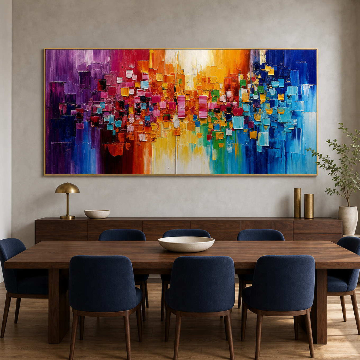 Modern Abstract Wall Art displayed in a refined dining room.