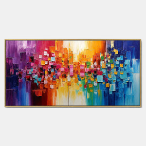Hand-painted modern abstract wall art with multicolor, warm tones, and blue tones.