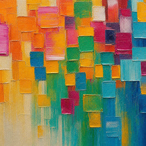 Close-up of raised hand-painted texture in multicolor, warm tones, and blue.