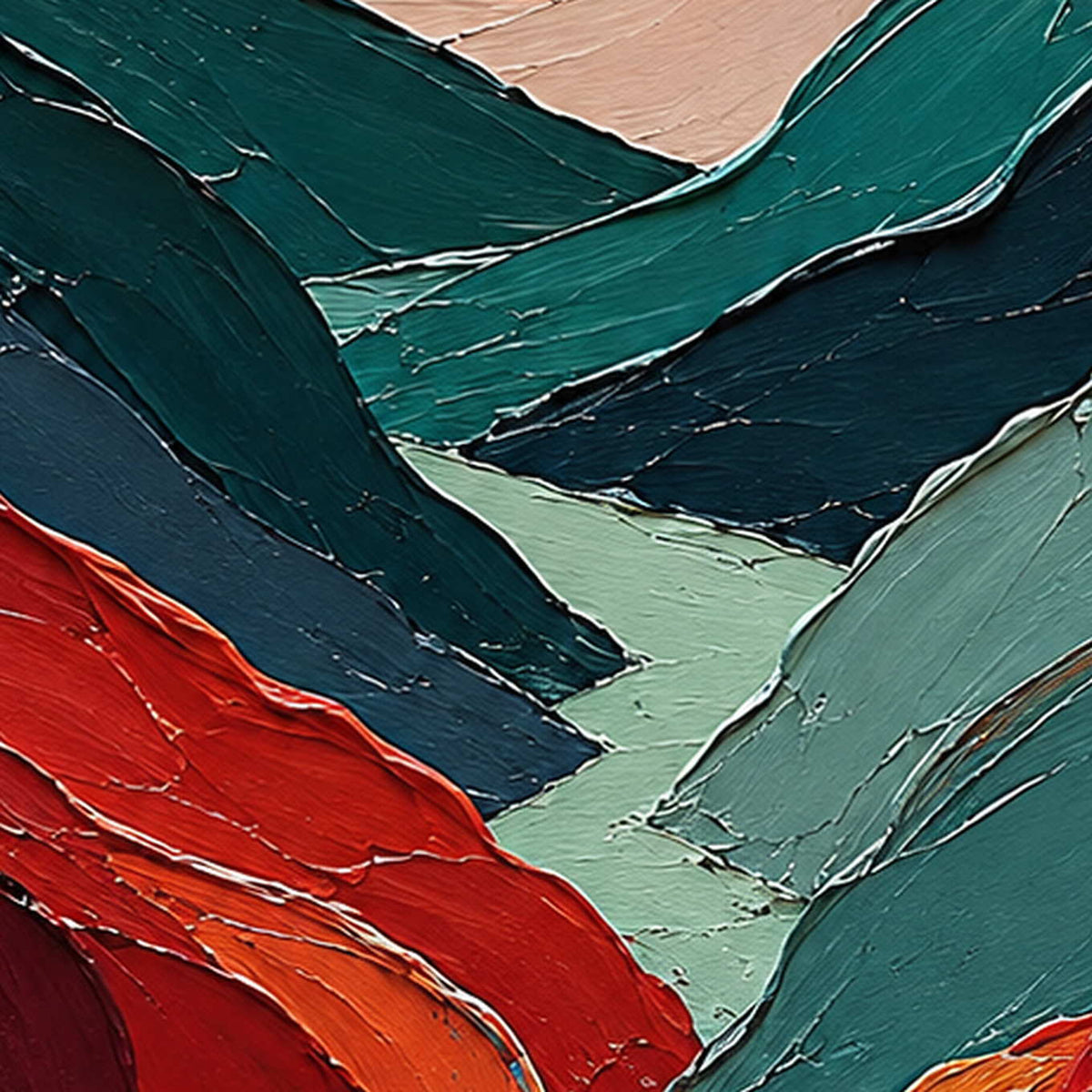 Close-up of raised hand-painted texture in green, warm tones, and pink & blush.