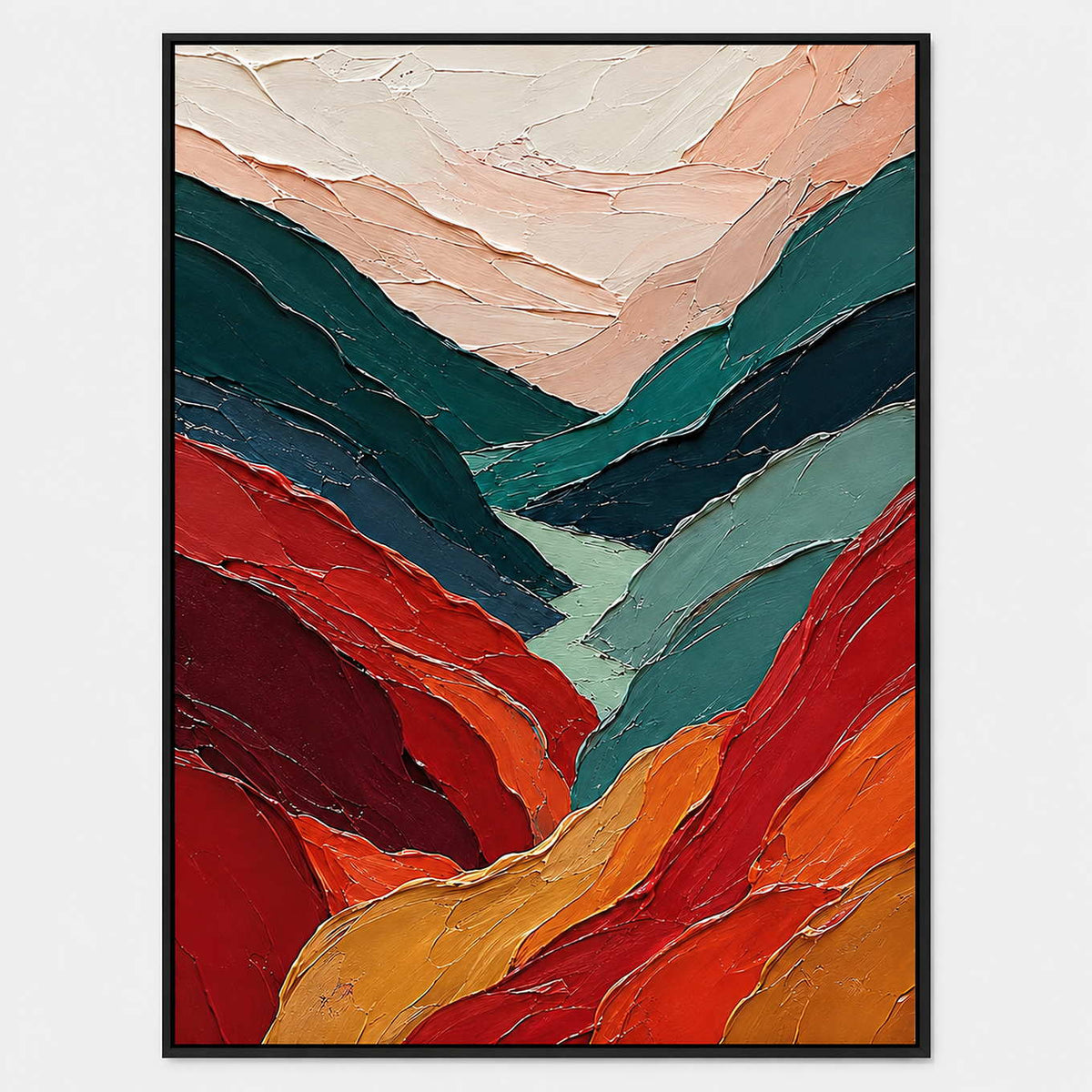 Hand-painted textured abstract wall art with green, warm tones, and pink & blush tones.