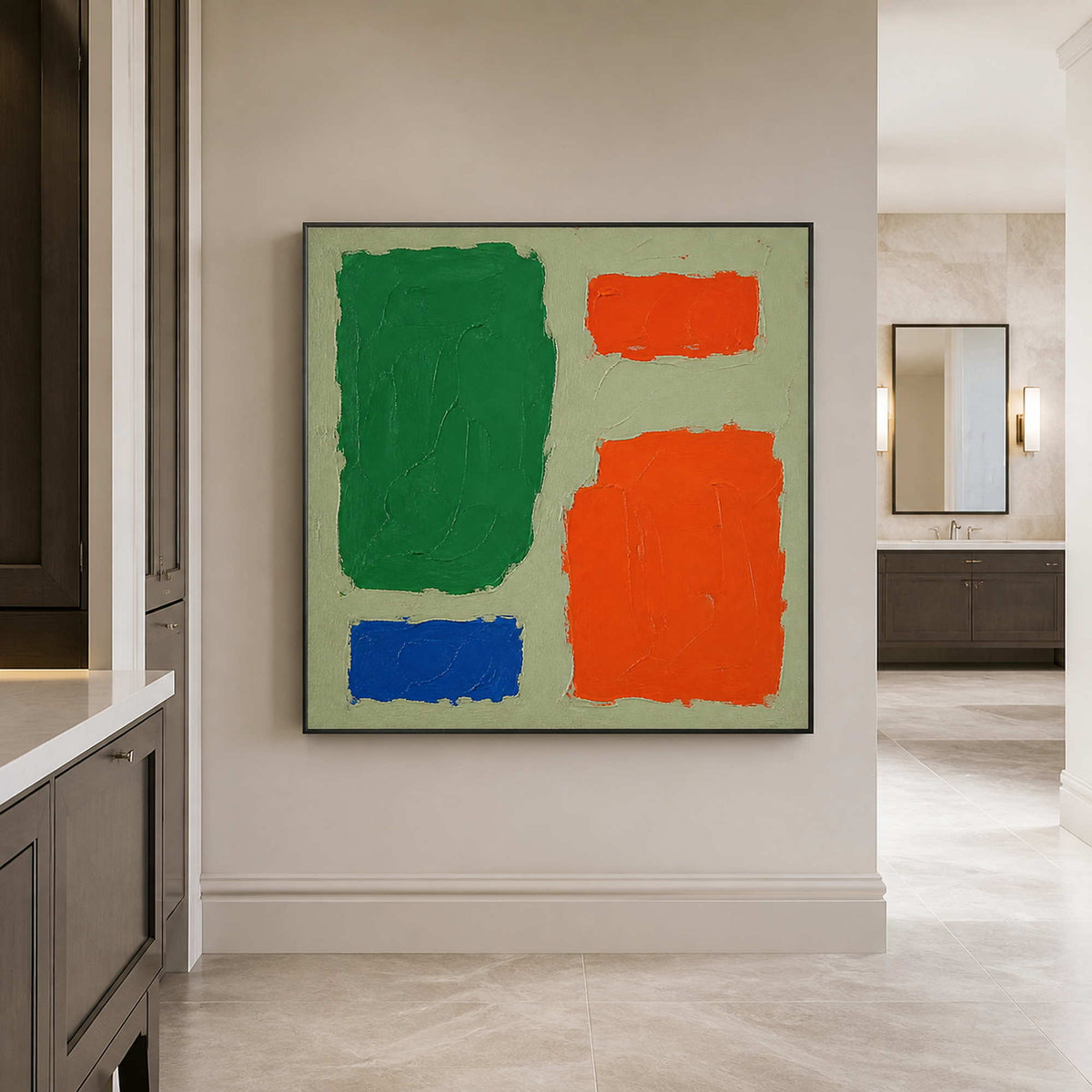 Color Blocks Hold the Room in a black-framed dry bathroom