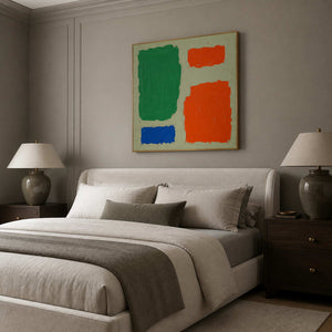Color Blocks Hold the Room in a wood-framed bedroom