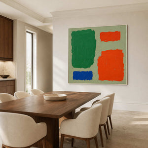 Color Blocks Hold the Room in a white-framed dining room
