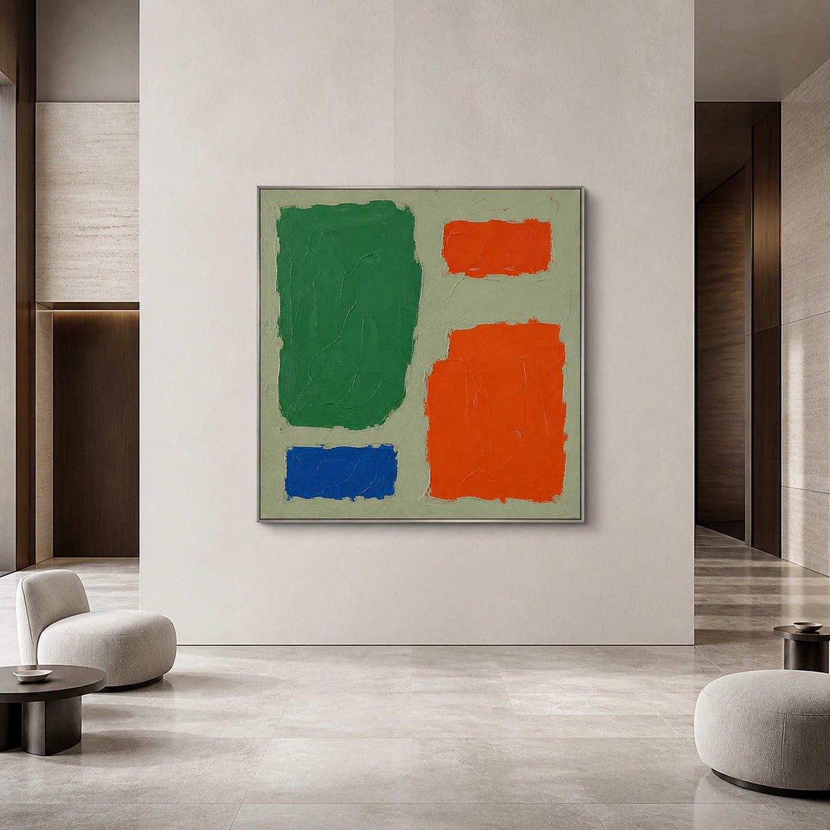 Color Blocks Hold the Room in a silver-framed lobby
