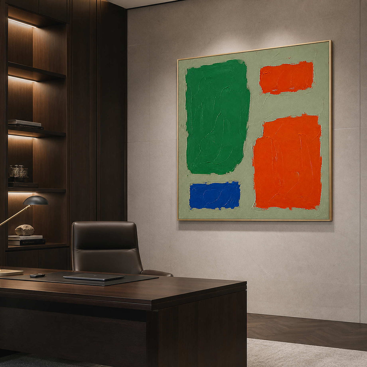 Color Blocks Hold the Room in a gold-framed executive office