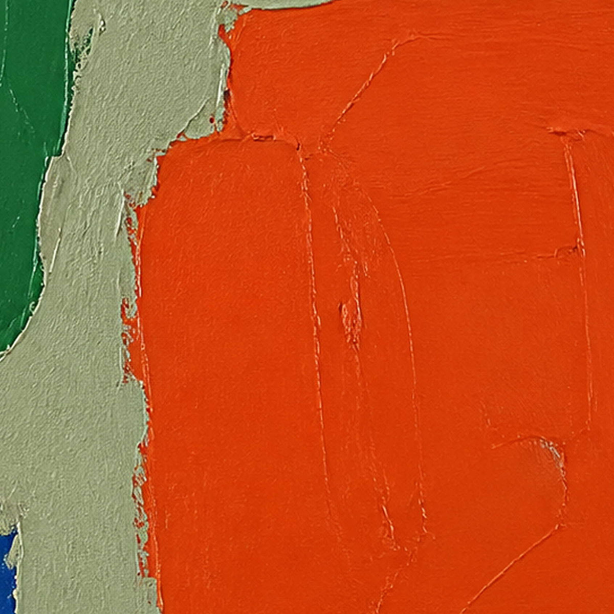Close detail of vivid orange and green palette-knife texture