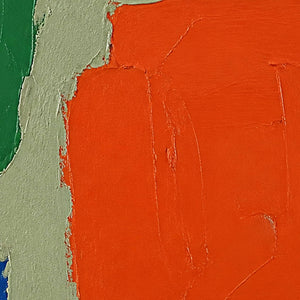 Close detail of vivid orange and green palette-knife texture