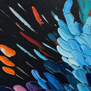 Close-up of raised hand-painted texture in black, multicolor, and blue.