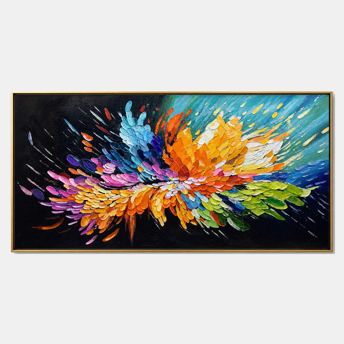 Hand-painted textured abstract wall art with black, multicolor, and blue tones.