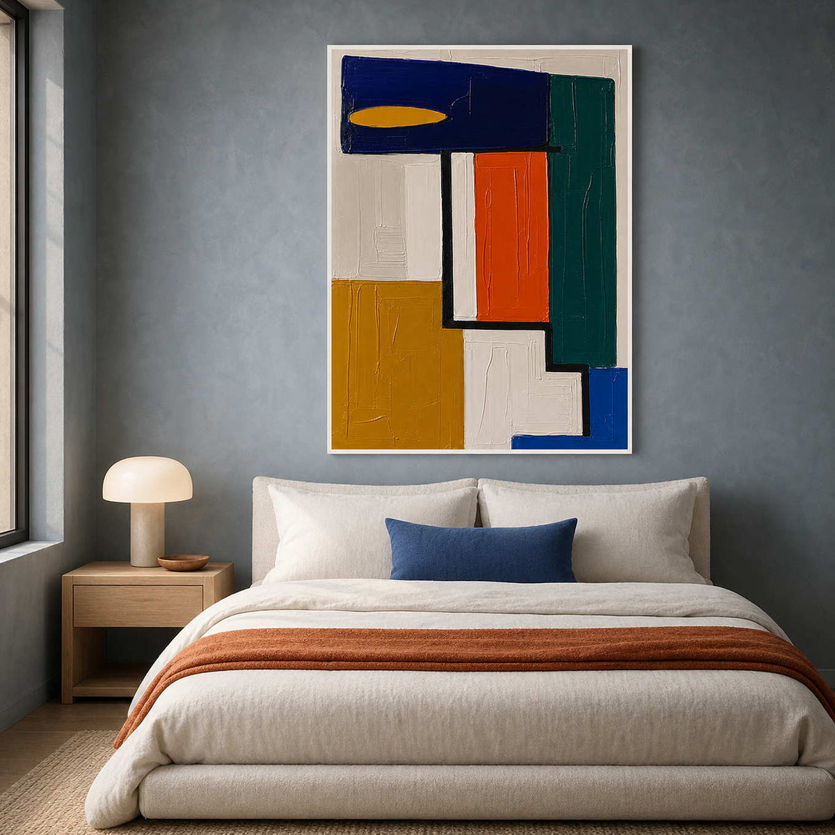 Colorful Bauhaus artwork above an ivory contemporary bedroom.