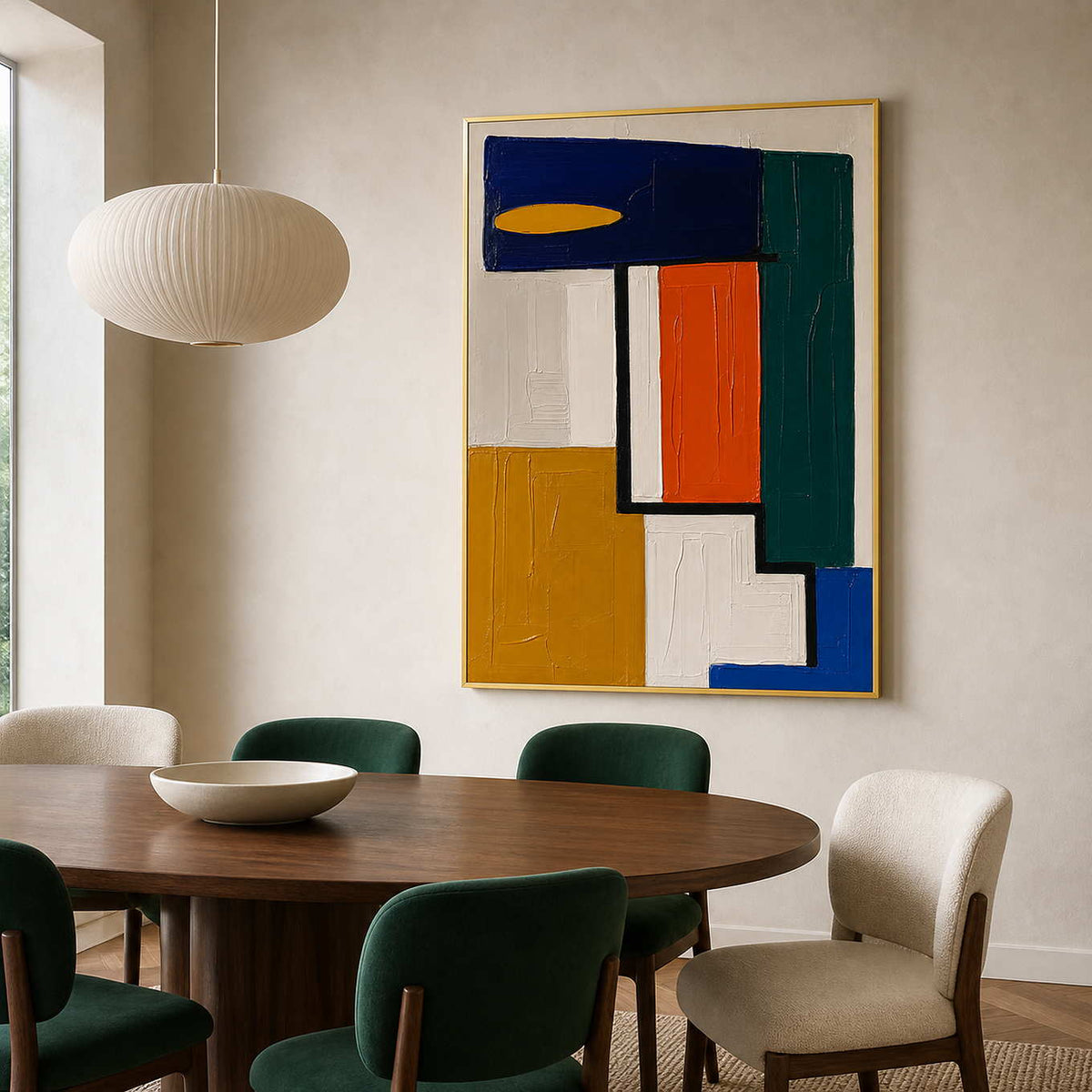 Geometric abstract wall art in a rich modern dining room.