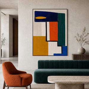 Textured color-block wall art in a design hotel lobby.