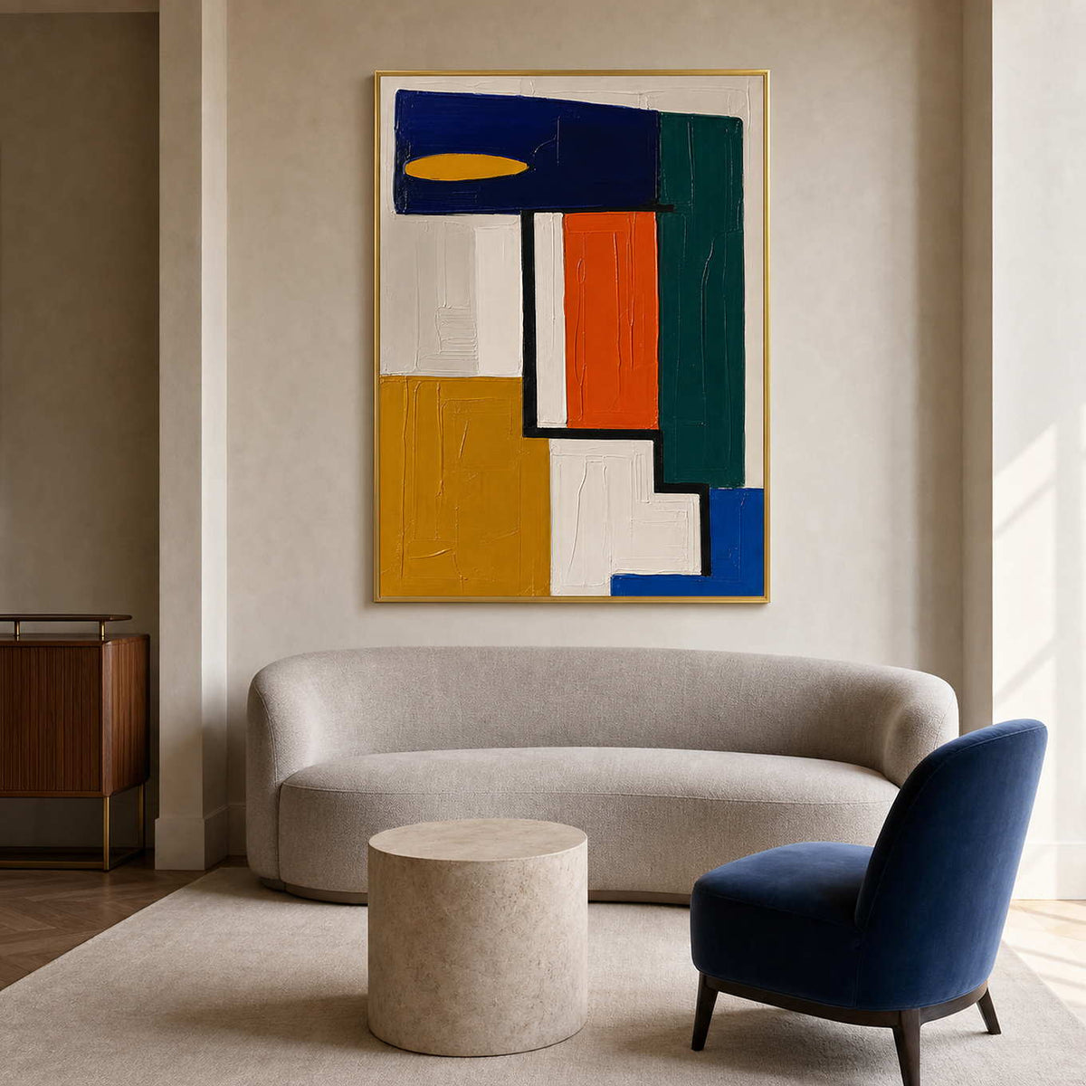 Bauhaus-inspired painting in an elegant hotel executive suite.
