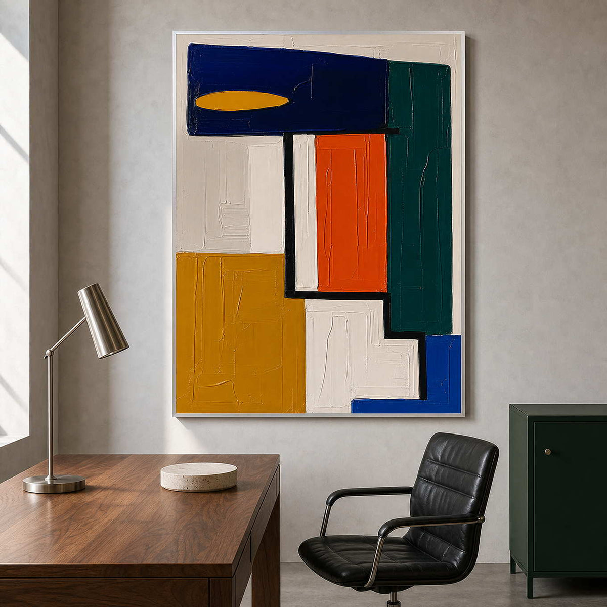 Bold geometric painting in a creative architecture office.