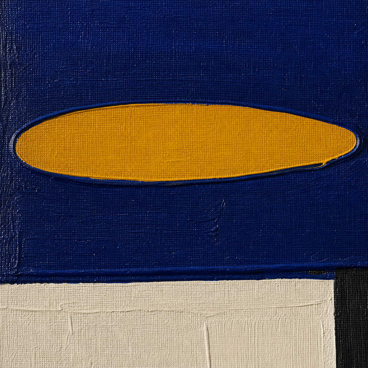 Close-up of raised cobalt and ochre paint with crisp black lines.