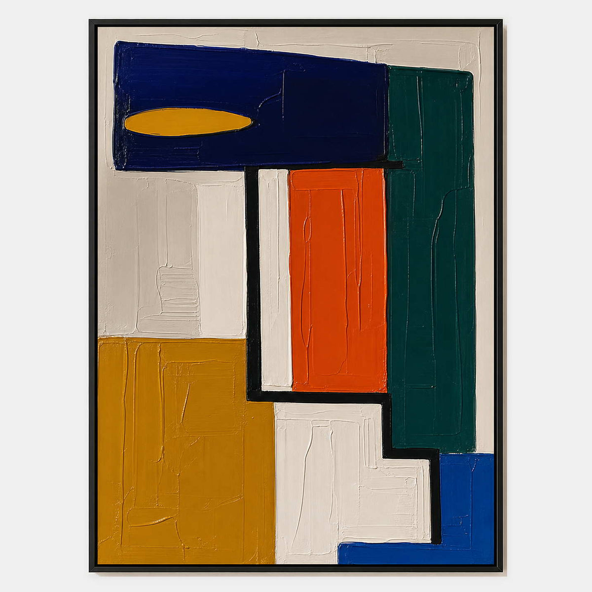 Vertical Bauhaus painting with cobalt, ochre, orange, green, and ivory blocks.