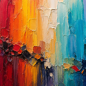Close-up of raised hand-painted texture in multicolor, warm tones, and blue.