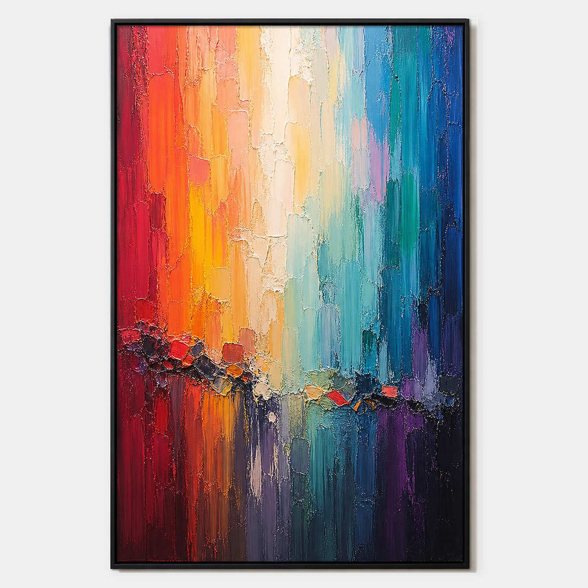 Hand-painted textured abstract wall art with multicolor, warm tones, and blue tones.