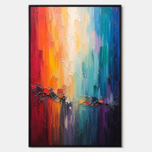 Hand-painted textured abstract wall art with multicolor, warm tones, and blue tones.