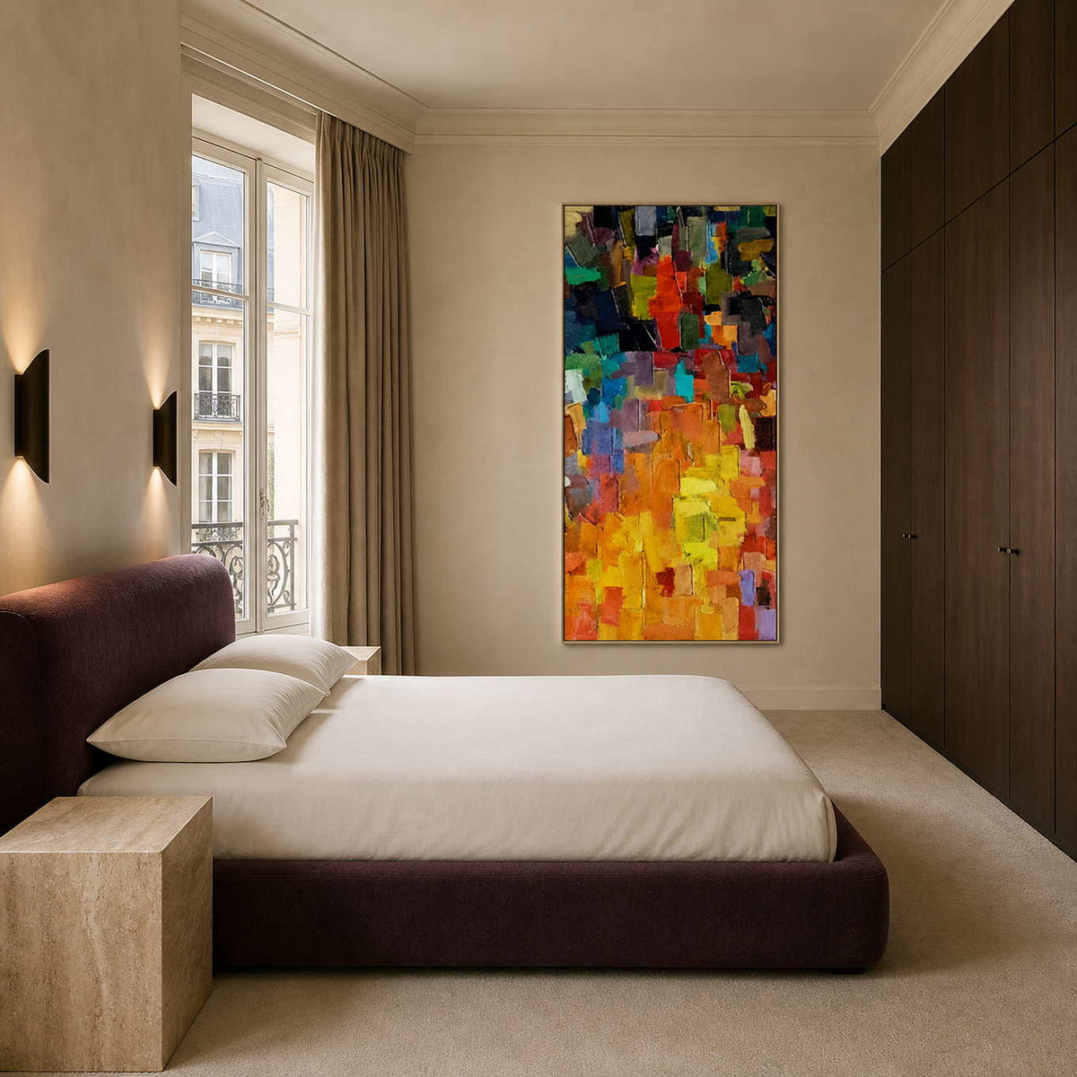 Colorful vertical abstract wall art displayed in a refined modern bedroom.