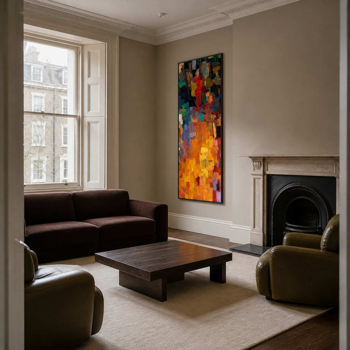 Vibrant vertical wall art displayed in a quiet collector living room.