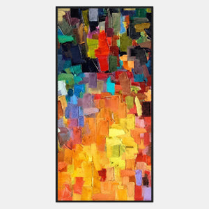 Vertical textured abstract wall art in vivid multicolor and golden tones.