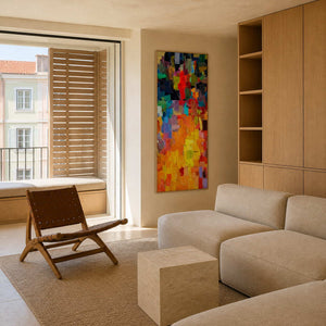 Colorful textured abstract wall art displayed in a sunlit modern living room.