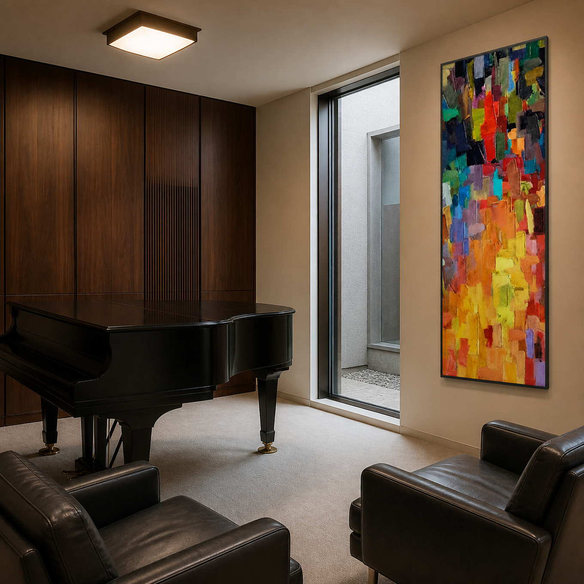 Tall colorful abstract wall art displayed in a modern piano room.