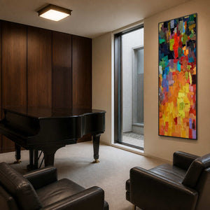 Tall colorful abstract wall art displayed in a modern piano room.
