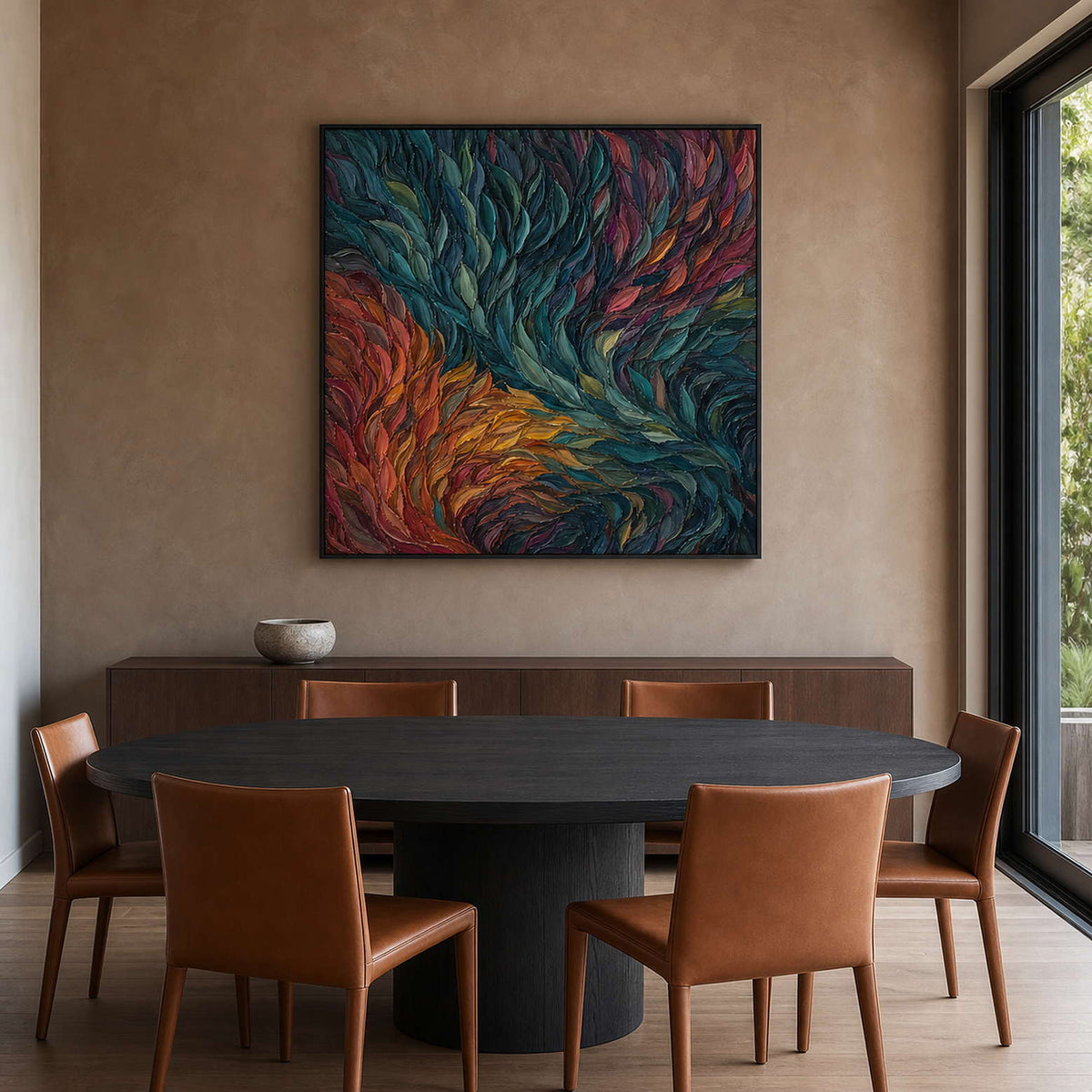 Teal and warm-toned abstract wall art in a Melbourne dining room.