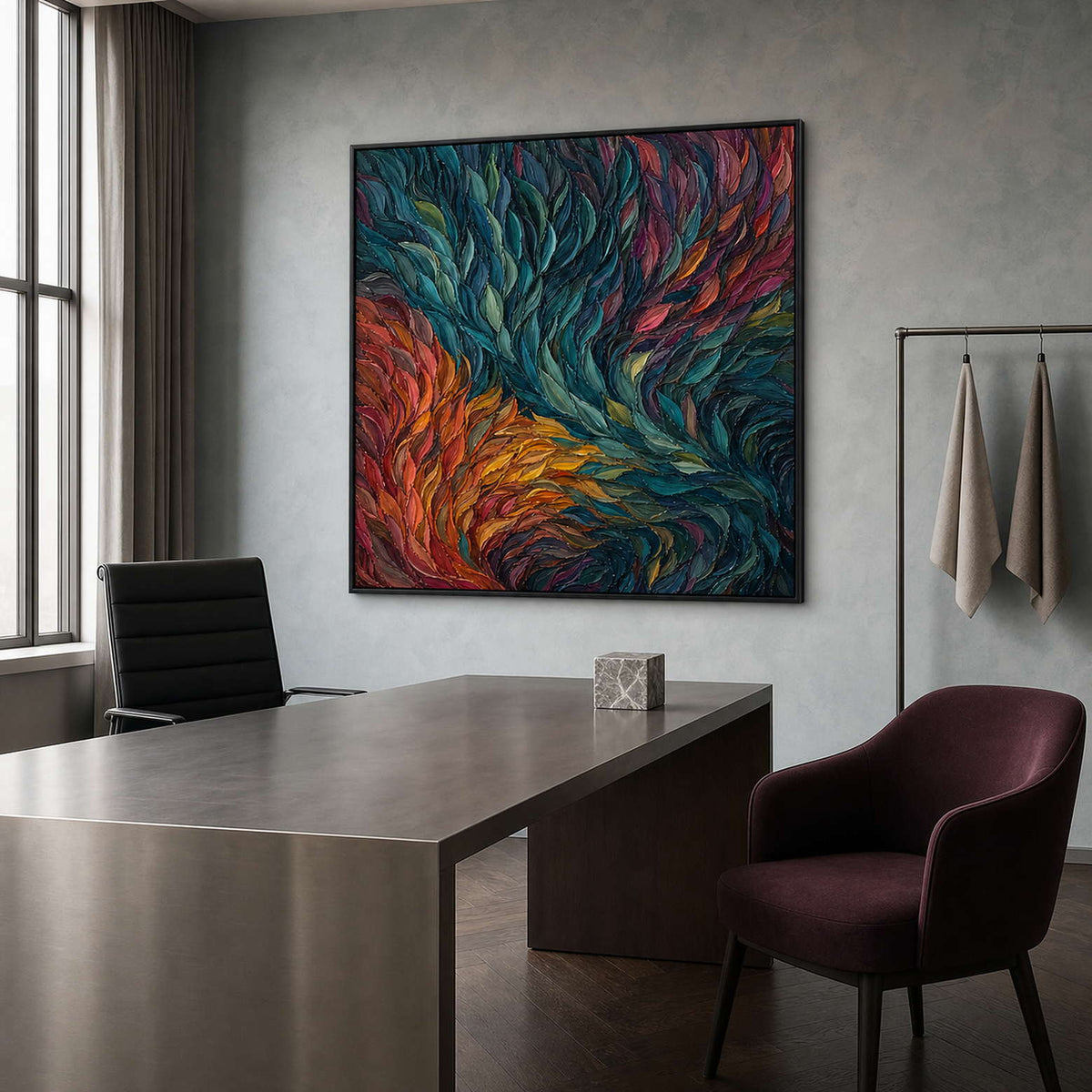Colorful textured canvas displayed in a fashion studio director office.