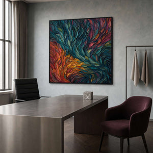 Colorful textured canvas displayed in a fashion studio director office.