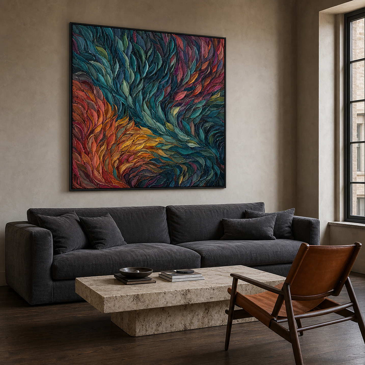 Textured abstract wall art displayed in an Antwerp collector living room.
