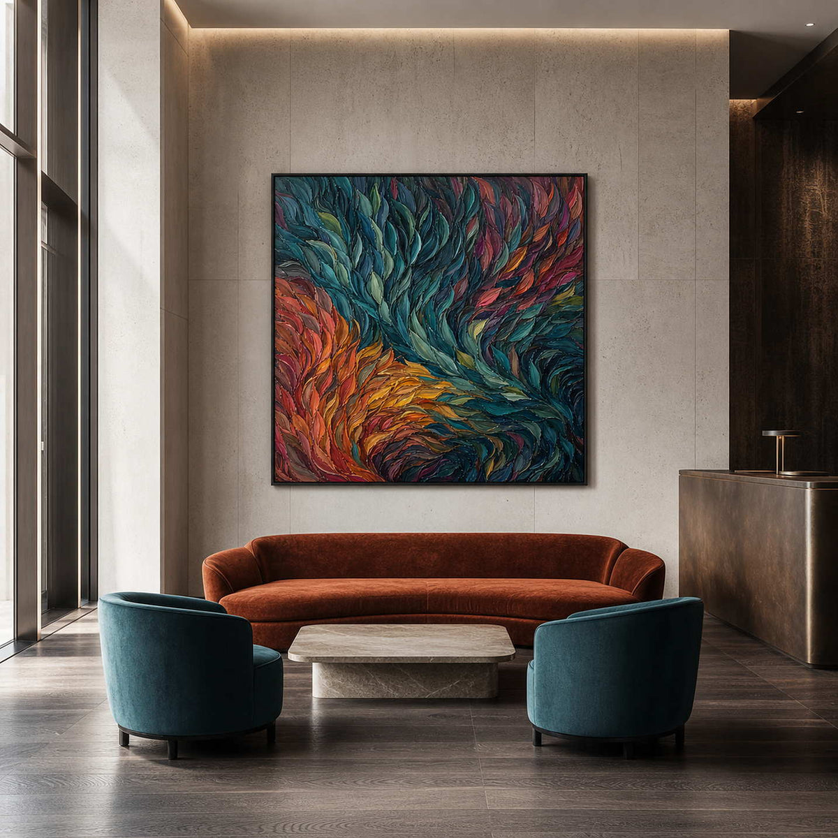 Square colorful wall art displayed in a London design hotel lobby.