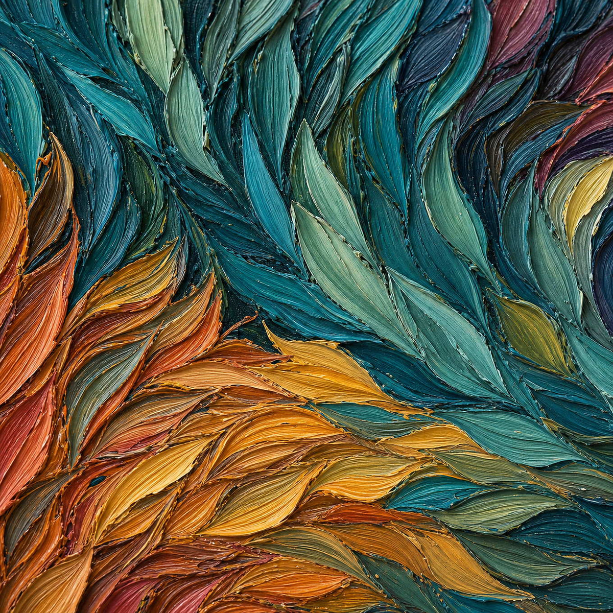 Close-up of raised teal, green, coral, and ochre palette-knife strokes.