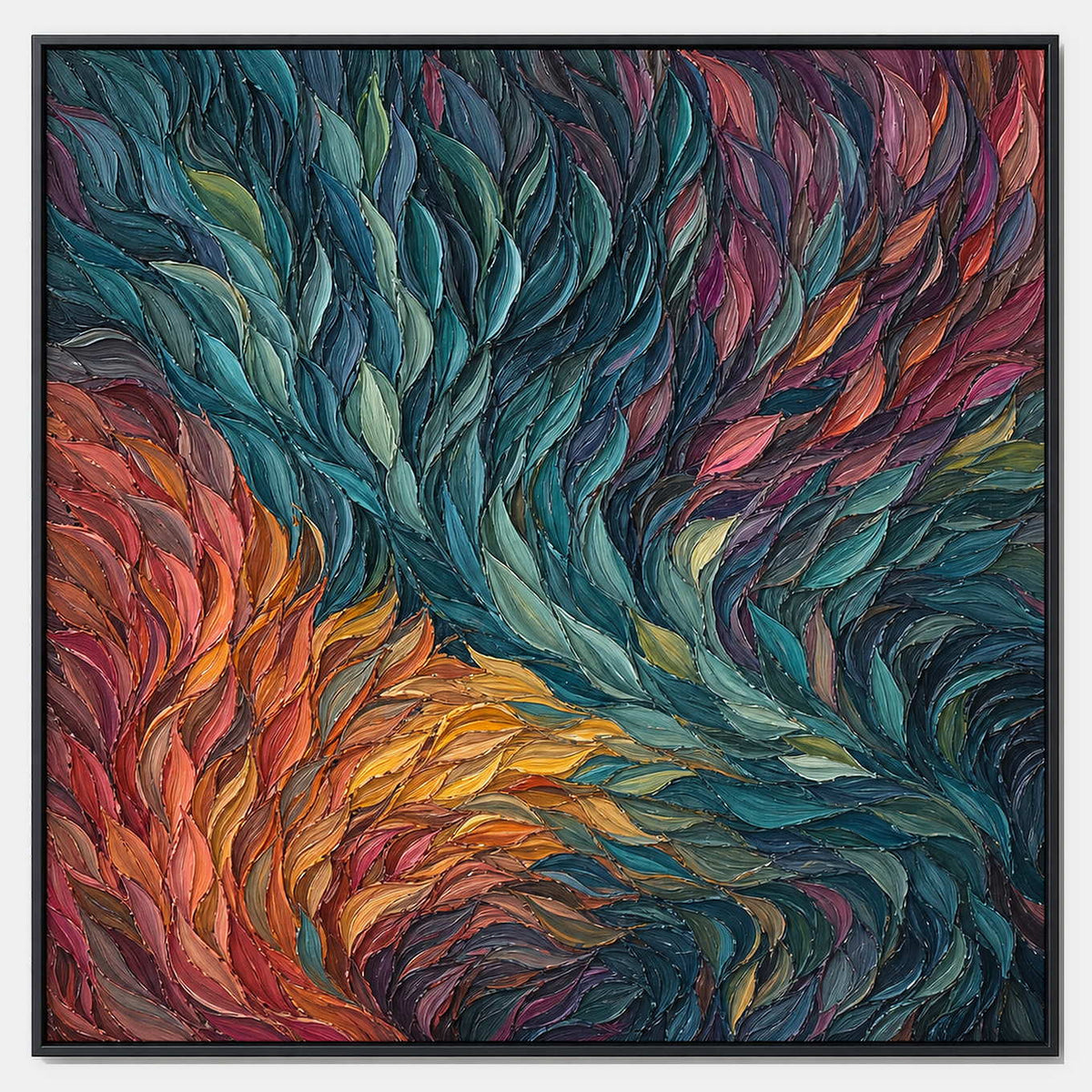 Hand-painted abstract canvas in teal, green, coral, burgundy, and ochre.