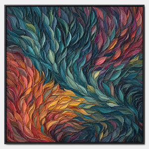 Hand-painted abstract canvas in teal, green, coral, burgundy, and ochre.