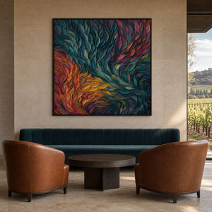 Expressive multicolor painting displayed in a Napa winery tasting lounge.