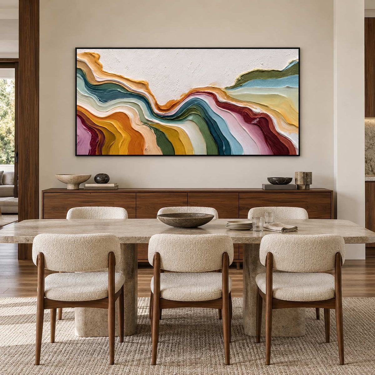 Horizontal curved-band painting above a wood sideboard behind a pale dining table.